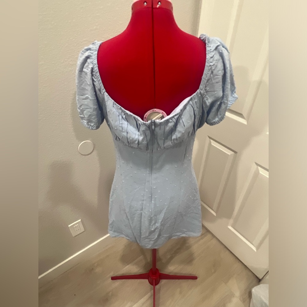 Light Blue Puff Sleeve Tie-Front Summer Dress - Picture 13 of 16